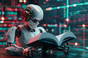 Wall Mural - A 3D illustration depicting a humanoid robot engaged in reading a book and solving math problems, symbolizing the concept of future mathematics, artificial intelligence, data mining.
