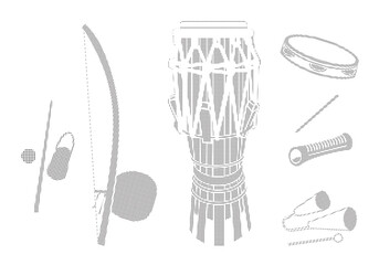 Poster -  Set of musical instruments used in Brazilian sport music called Capoeira with caxixi, berimbau, atabaque, tambourine, reco-reco and agogo, and. Halftone design. Isolated on transparent background