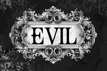 Sticker - evil text victorian style with ornament in black and white