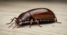  Close-up Of A Shiny, Brown Beetle On A Wooden Surface