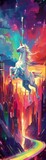 Fototapeta Młodzieżowe - Unicorn galloping across a rainbow bridge, colorful cyber city below