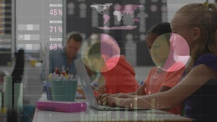 Sticker - Animation of charts processing data over diverse male teacher and schoolchildren working in class