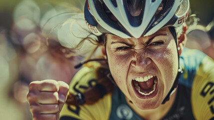 Epic Portrait Of A Victory Female Cyclist With Her Fist Pumped In Triumph. Perseverance And Winning Attitude. Woman With Bike, Female Cyclist Background