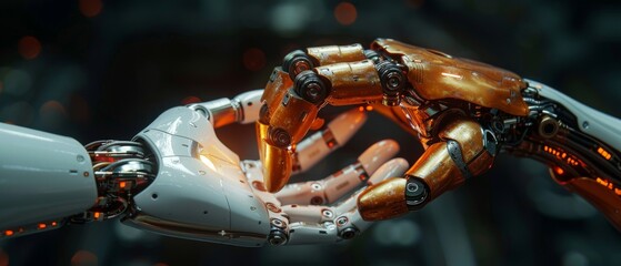 Leinwandbilder - Using artificial intelligence, future technology, and a virtual screen projection on a black background, a robot holds a human hand with a flash light.