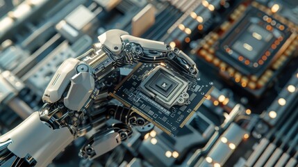 Leinwandbilder - This modern, authentic robot arm holds a contemporary processor. It is end effector of an industrial robot manipulator that holds a CPU chip.