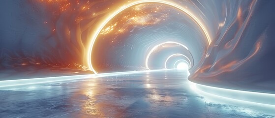 Poster - The tunnel is white, and it leads to the light. The background is abstract in style, 3D rendered in modern style, with a wide angle.