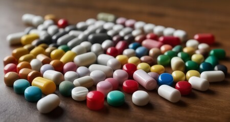 Canvas Print -  Vibrant assortment of colorful pills on a wooden surface