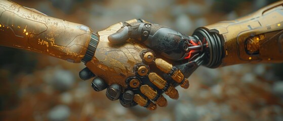 Poster - Businessman shaking hands with digital partner over futuristic background. Using artificial intelligence and machine learning to drive the 4th industrial revolution.