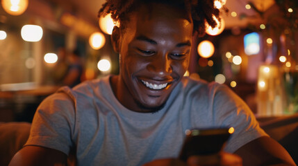 Wall Mural - A cheerful man in a casual t-shirt is smiling while looking at his smartphone, with the city lights creating a bokeh effect in the background.