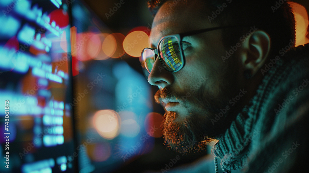 A programmer working late into the night, his face illuminated by the ...