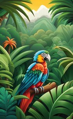 forest landscape wallpaper design, parrots and palm trees, big leaves, mountain scenery, mural art, Generative AI