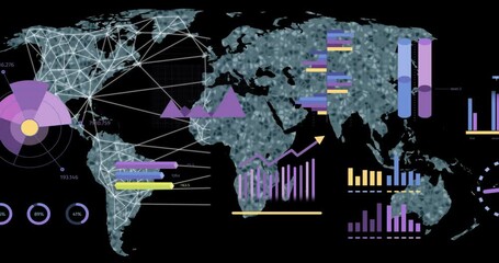 Wall Mural - Animation of data processing and world map over black background