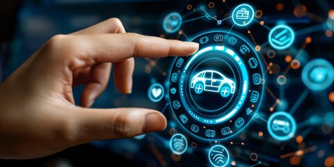 Leinwandbilder - A hand presses a holographic car symbol to start an electric car, Generative AI