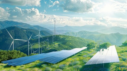 Solar energy panel photovoltaic cell and wind turbine farm power generator in nature landscape for production of renewable green energy is friendly industry.