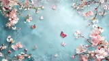Fototapeta Kwiaty - Blue background with cherry blossoms and butterflies