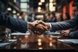 Businessmen making handshake in the city - business etiquette, congratulation, merger and acquisition concepts, panoramic banner