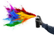 © stockphoto-graf - hand with black glove and color spray can with colorful rainbow paint powder cloud explosion isolated  white panorama background. industry art and graffiti concept.