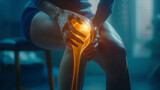 Fototapeta  - Close-up Knee pain on bright clear blue background, joint inflammation, bone fracture, woman suffering from osteoarthritis, leg injury