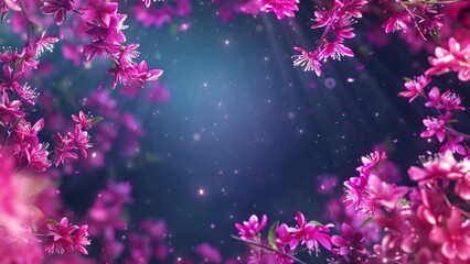 Wall Mural - beautiful spring or summer animated backdrop, flowers, sun light rays, floating glowing particles, blank copy space, banner card composition, 4k seamless loop