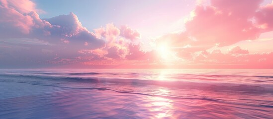 Wall Mural - The sun sets over the ocean, casting a warm glow on the water. The sky is painted with hues of orange, red, and purple as the suns rays reflect off the calm sea.