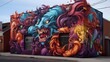A visually striking image of a street mural, filled with bold and colorful graffiti art, showcasing urban expression and creativity, captured with high-definition clarity and realistic textures