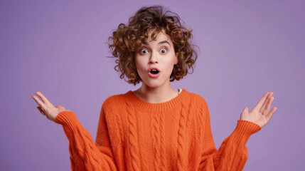 Canvas Print - A woman in an orange sweater is showing a highly animated expression of surprise with wide eyes and mouth open, hands raised in an expressive gesture.