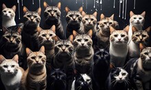 This Gathering Of Cats Against A Dark Backdrop Creates A Stunning Visual Ensemble, Their Eyes And Fur Textures Catching The Light In A Captivating Display. The Dark Setting Enhances The Allure Of