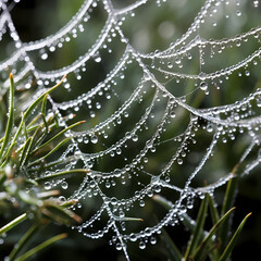 Canvas Print - A close-up shot of a dew-covered spiderweb in a garden.