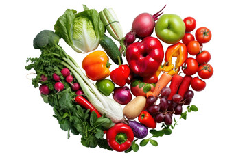 Wall Mural - Heart-shaped view from top to bottom with various fruits and vegetables. transparent background