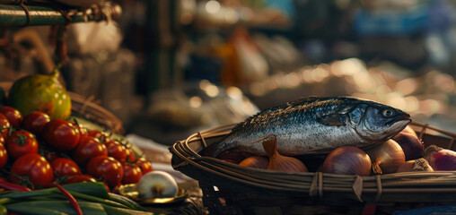 Close-up of gleaming fish nested among vibrant greens and vegetables in a rustic, sunlit market basket