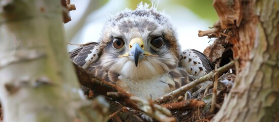 Poster - A close-up photo of a Buteo buteo buzzard fledgling chick sitting in its nest on a tree. The bird appears comfortable and at ease in its surroundings, showcasing natural behavior.