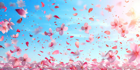 pink blossoms falling from the  sky  on blue sky background,	pink cherry blossoms wallpaper banner, empty space background
