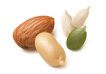 Poster - Separate nuts, almond, peanut, sunflower and pumpkin seeds isolated on white background.