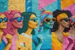 Graffiti street art. A group of young women. Street style. women's day background