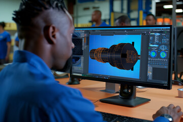 Wall Mural - Aerospace Engineer Designing Jet Engine on CAD. An aerospace engineer intently studies a jet engine design on CAD software in a high-tech workshop setting.