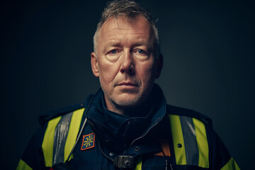 Portrait of a Serious Middle-Aged Paramedic with Reflective Vest