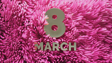 3d render of pink anemone seaweed swaying with gold lettering March 8