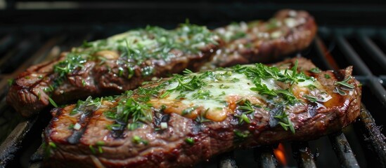 Canvas Print - Two steaks are sizzling on a grill, cooking to perfection. The flames and smoke add flavor as the meat sears, creating a mouthwatering aroma.