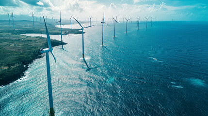 Offshore Wind Turbines in Coastal Waters. Renewable energy and green energy concept..