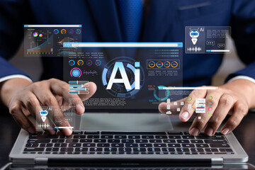 Fototapete - Businessman use artificial intelligence AI technology for enhanced work efficiency data analysis and efficient tools, Unlocking work potential with AI solutions chatbot help solve work problems.