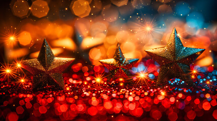 Wall Mural - Golden Christmas Bokeh, Festive Holiday Lights with Sparkling Decoration Background