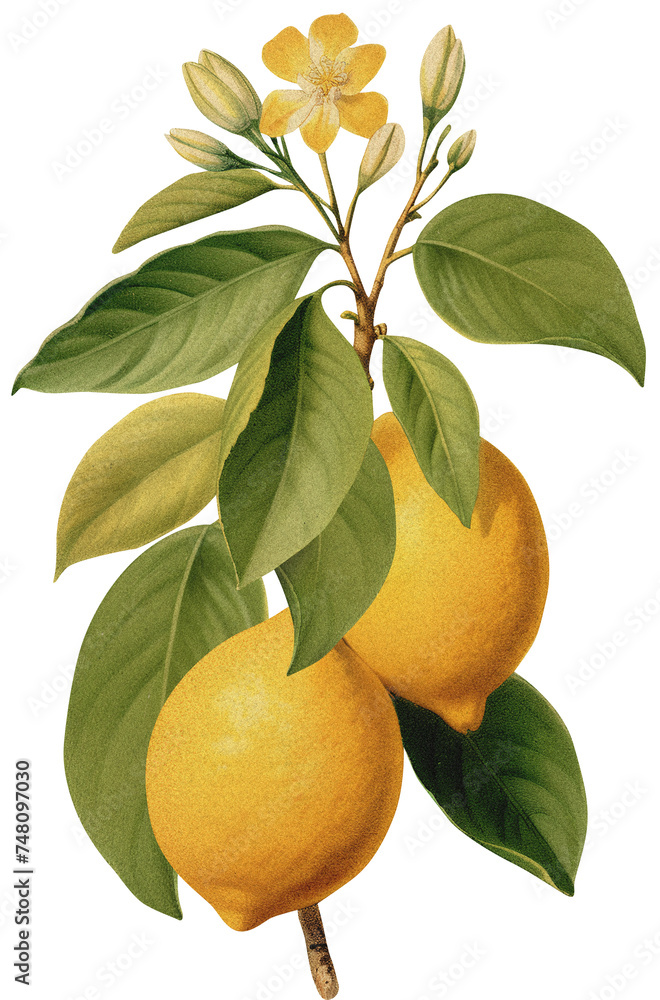 Lemon tree isolated on transparent background old botanical ...