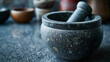 Mortar and Pestle Close Up. Professional Kitchen.
