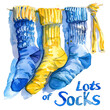 World Down Syndrome Day banner design ,Lots of Socks, mismatched pairs of socks, written text and date. Hand painted water color drawing on white