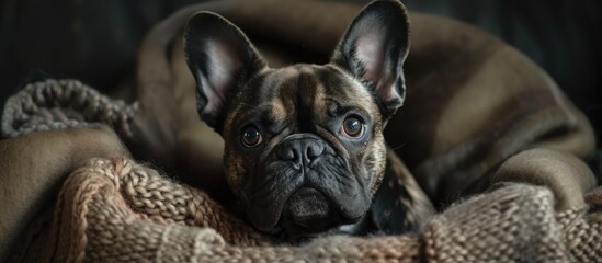 Sticker - A brindle French Bulldog is wrapped in a cozy blanket, looking snug and comfortable. The black and white coloring of the dog contrasts with the softness of the blanket.