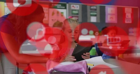 Poster - Animation of icons over diverse schoolgirl and teacher using laptop