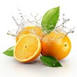 portrait of fresh orange fruit with a few leaves combined with splashes of clear water on a white background
