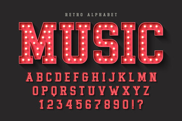 Poster - Retro cinema alphabet design, cabaret, warm lamps letters and numbers.