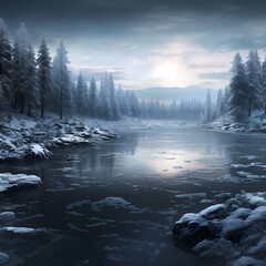 Canvas Print - A serene winter landscape with a frozen lake.