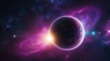 Fototapeta Kosmos - planet in space _A spherical panorama of a space scene with a blue and green exoplanet, a purple and pink nebula,  